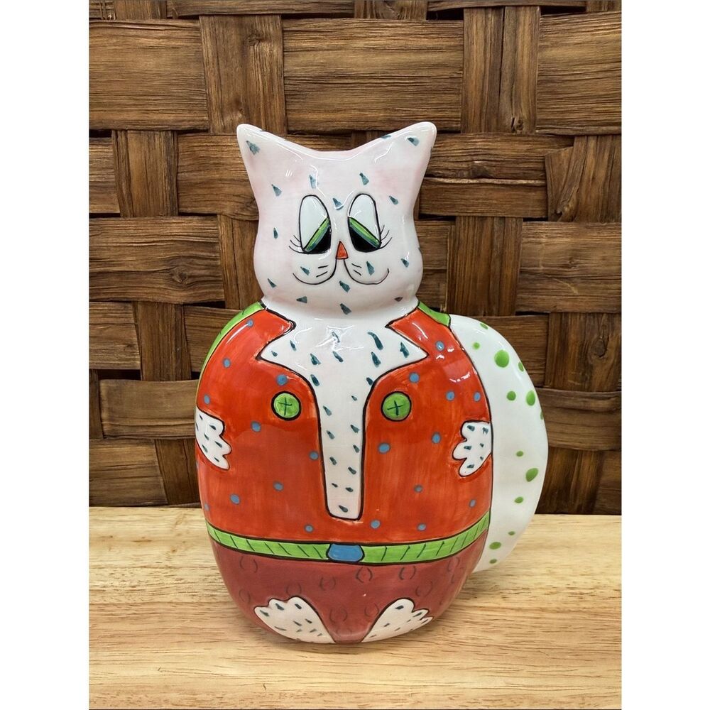 GANZ Red and White Cat Ceramic Bank with Green Accents